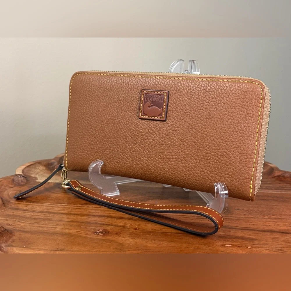 Dooney & Bourke Zip Around Wallet Wristlet Carmel Brown Pebble Leather NWOT
